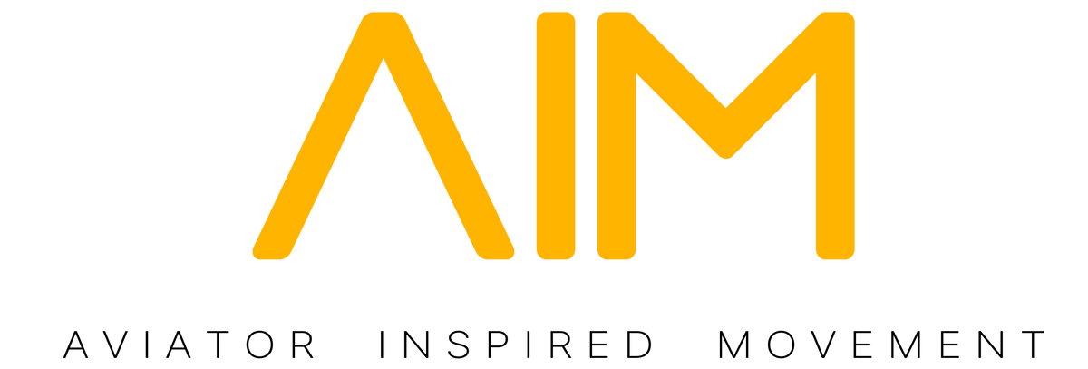 A yellow 'AIM' logo with the text 'AVIATOR INSPIRED MOVEMENT' underneath on a plain white background.